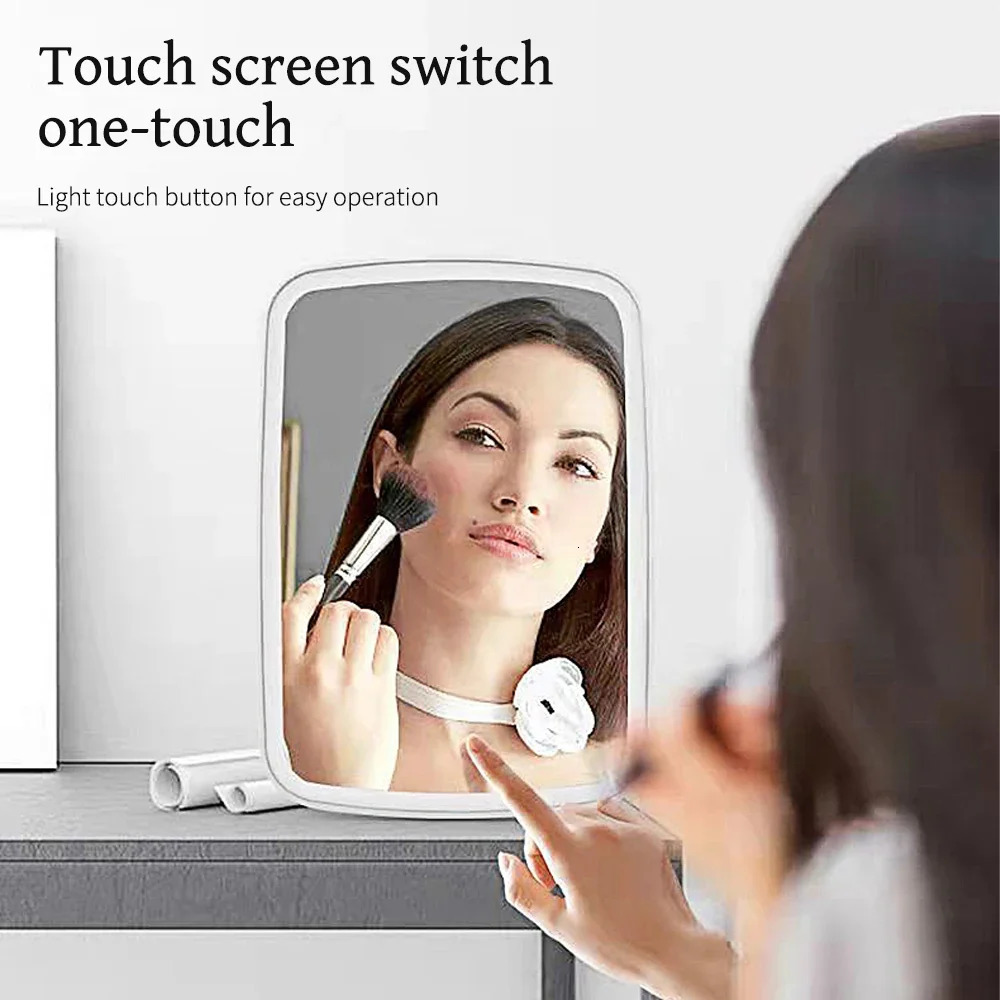 LED Makeup Mirror with Stand Desktop Folding Compact White Square Travel Cosmetic Mirror With Three Colours Light Can Choose 250103