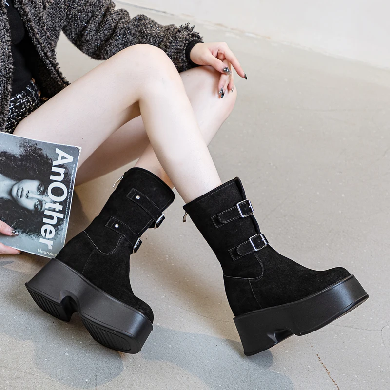 AIYUQI Women Ankle Boots British Style Autumn British Style Women Booties Platform Belt Buckle Trend Biker Boots Women