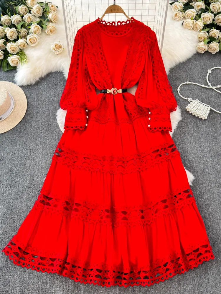 XFPV Fashion A-line Long Dress Vestidos Women Hollow Out Lantern Sleeve O-neck Solid Color 2025 Summer Clothing SM11285 250103