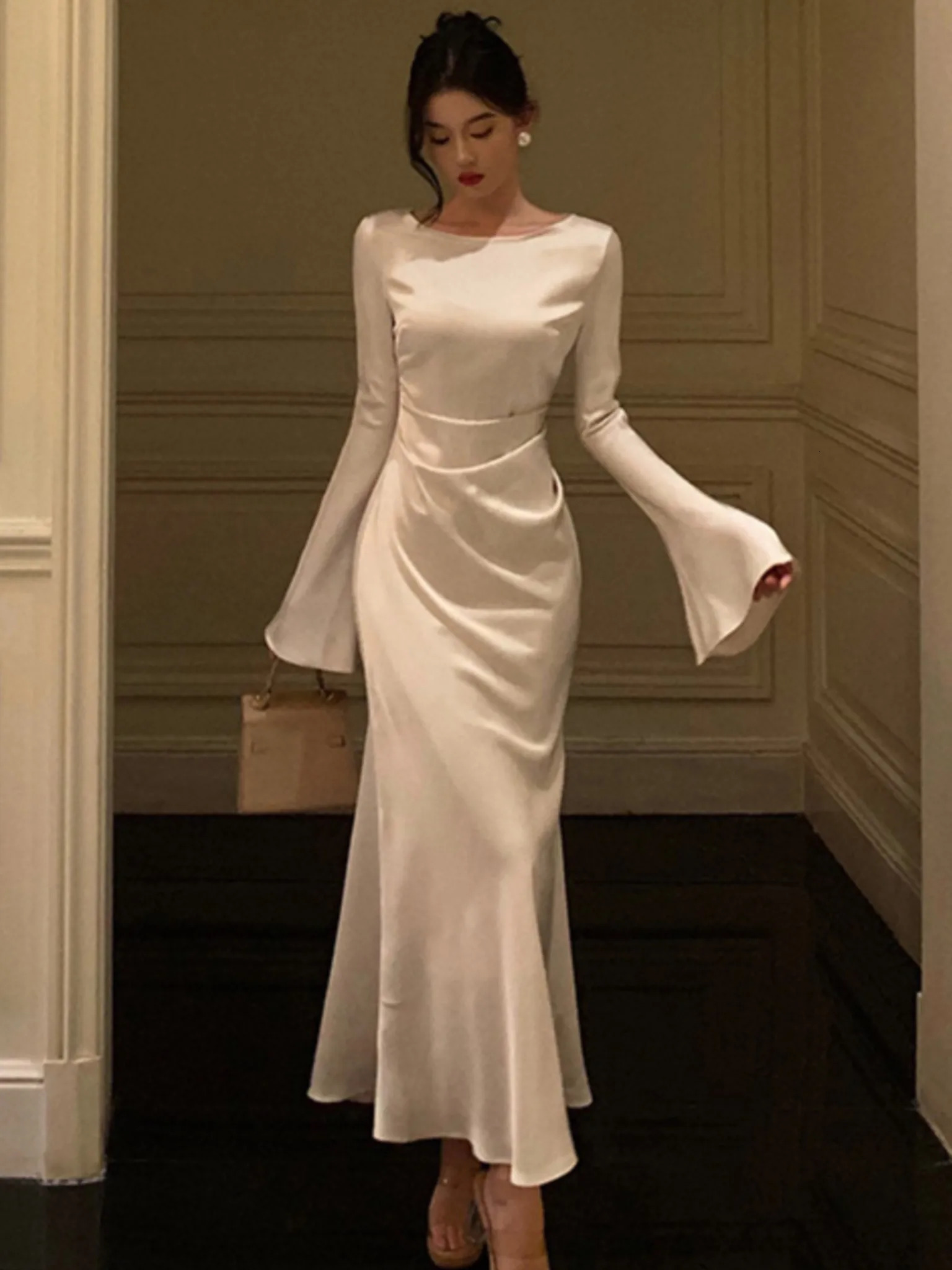 Elegant Flare Sleeve Wedding Mermaid Long Dress Women Spring Autumn French Vintage Slim One Piece Party Robe Mujers Clothes 250103