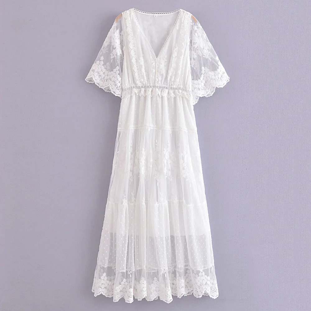 Happy Queens Womens Solid Short Sleeve Beach Sexy Lace Bohemian Long Dress Womens V-neck Bohemian Sundress Vestitos 250103