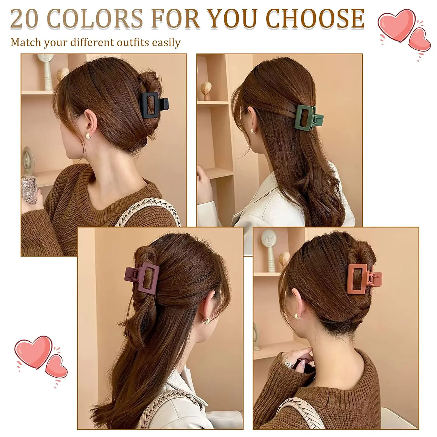 Hair clip suitable for women and girls 2 inches rectangular matte color cute strong retention anti slip H 20 pieces 250102