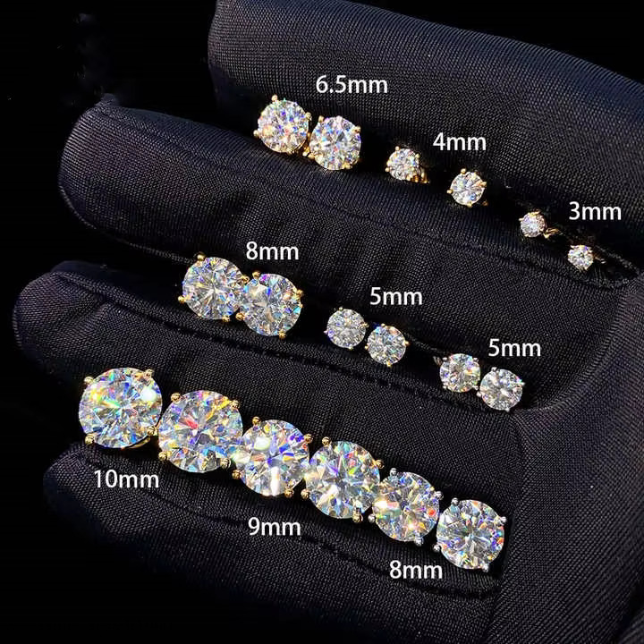 Gold Plated DVVS Moissanite earrings Screw Back Round cut 4 Prong Stud Earrings Sier Hip hop Earring for men and women