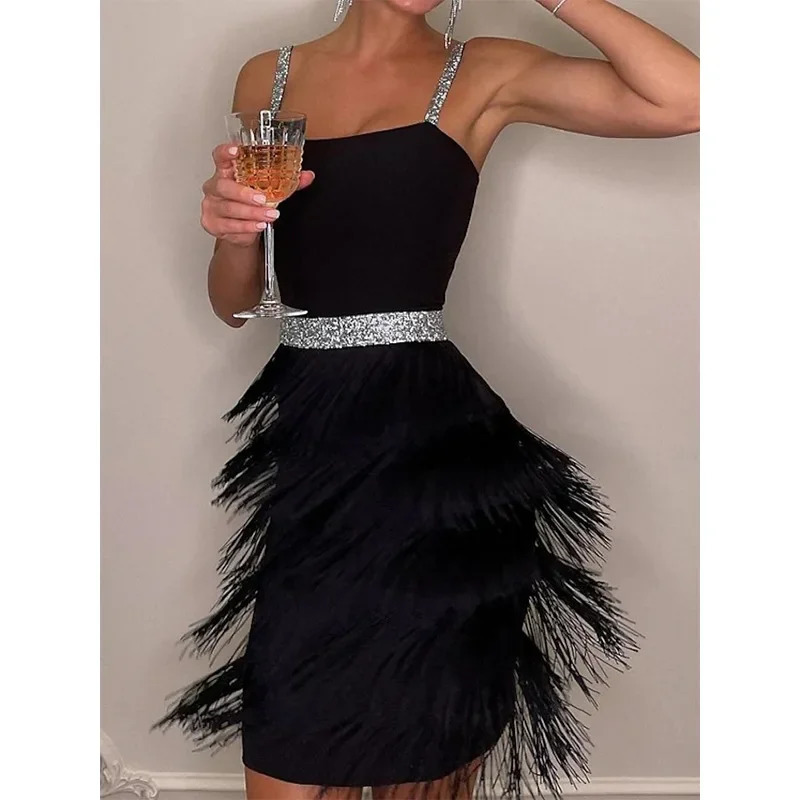 Womens Dresses Tassel Sexy Low Cut Suspender Sleeveless Midi Party Dress 2024 Summer Fashion 250103