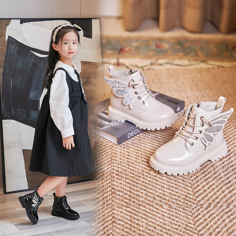 2025 New Children New Fashion Kid Boots Girls Butterfly Solid Color Boots Toddler Lace Up Side Zipper Winter Boots Non-slip PU Leather Shoes Sizes US9