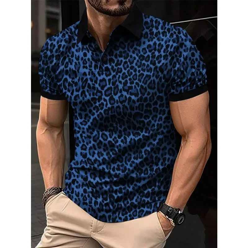 1pc Mens Fashion Tshirt Leopard Print Short Sleeve Breathable Lapel Men Clothing 241224Z
