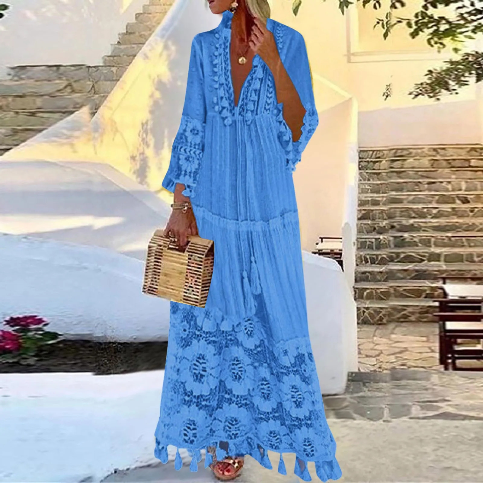 lace bohemian dress womens embroidered crochet tassel pleated long skirt summer V-neck womens swaying beach sun skirt bohemian dress 250103