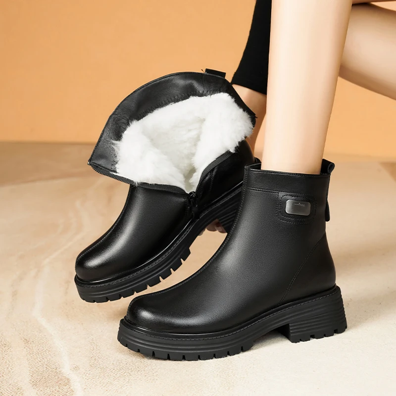 AIYUQI Ankle Boots Women Genuine Leather Natural Wool Snow Boots Women Anti Slip Large Size Women's Motorcycle Boots