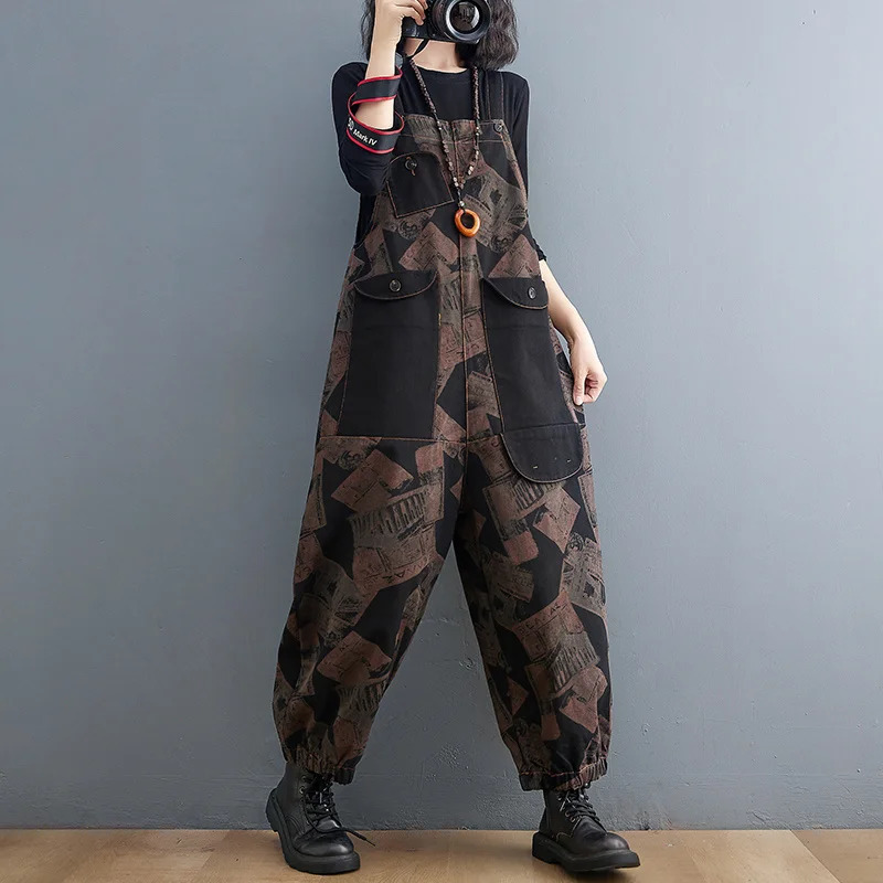 #1433 Denim Jumpsuit Women Rompers Loose Straight Harem Jeans Jumpsuits Femme Big Pockets Loose Printed Long Jumpsuits Vintage 241230