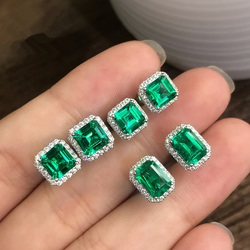 Handmade Sparkling Stud Earrings Luxury Jewelry 925 Sterling Silver Princess Cut Emerald Zircon CZ Diamond Party Elegant Women Wedding Earring Gift