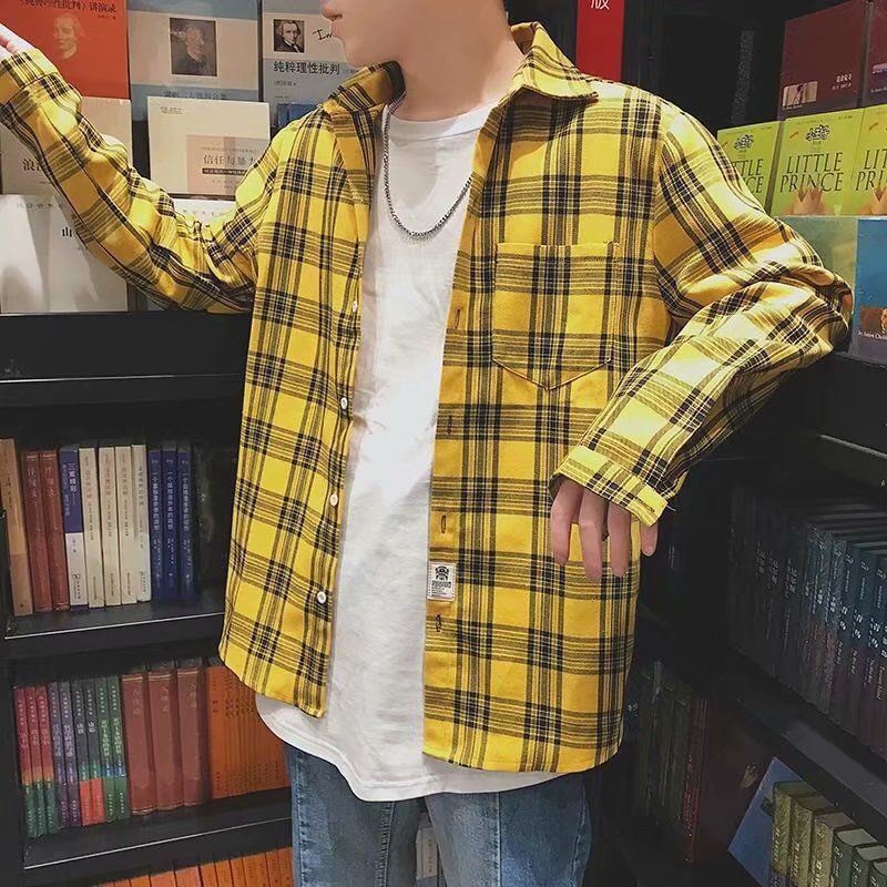 Colorful plaid couple plaid shirt jacket long sleeved inch shirt for teenagers Korean casual student handsome mens shirt