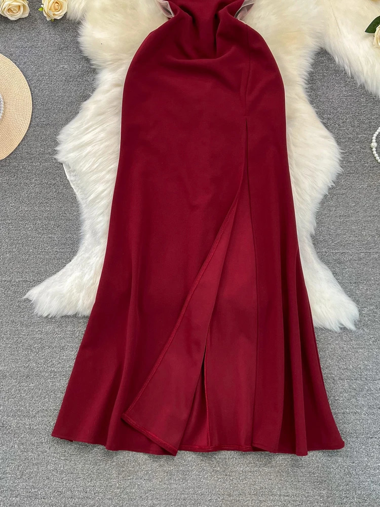 XFPV Women High Waiste Ruffles Temperament A-line Dresses Strapless Slash Neck Solid Color Vestidos Spring Summer 2025 SM9724 250103