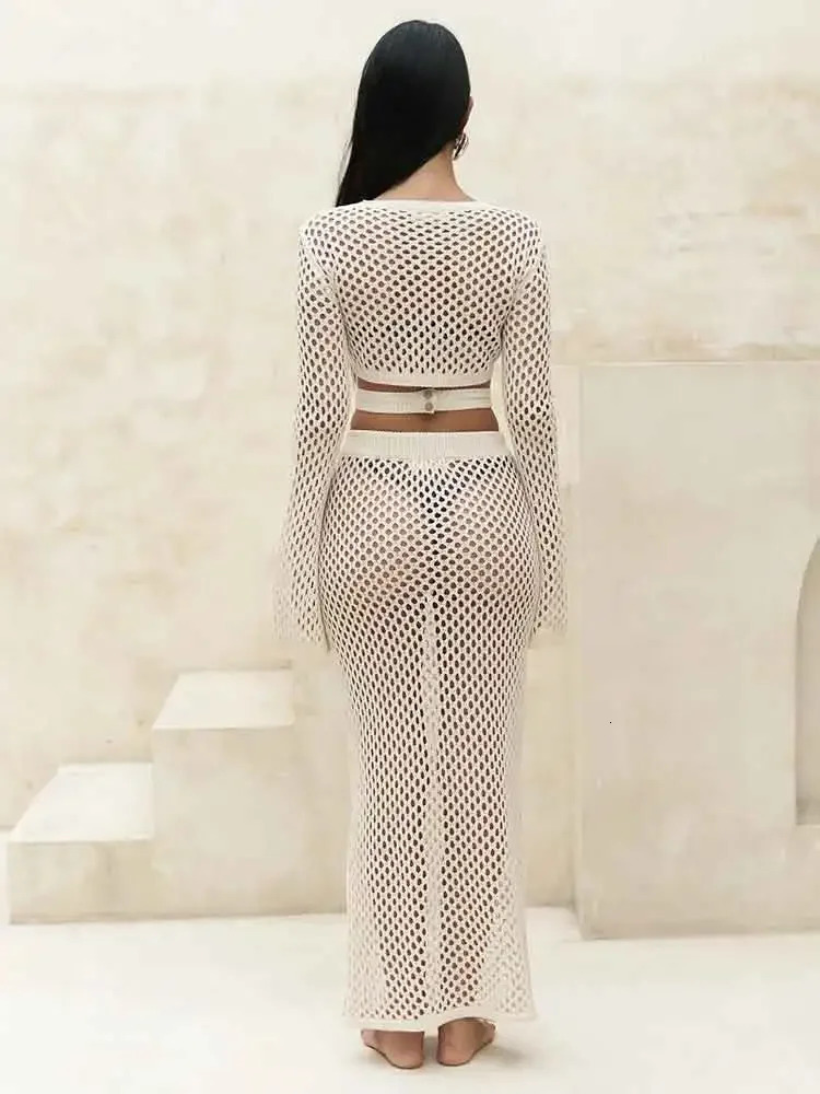 Sexy Knitted Cut Two Piece Swimsuit Cover 2025 Summer Womens Bell Sleeve Waist Strap Top Long Sleeve Set Club Beach Dress K41 250103