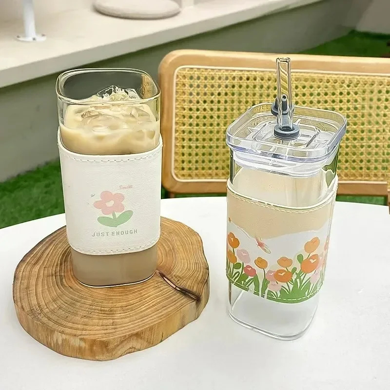 1Pcs Square Heat Resistant Coffee Glass Cup With Lid and Straw Transparent Milk Tea Juice Cups Mug For Home Bar Drinkware 241226