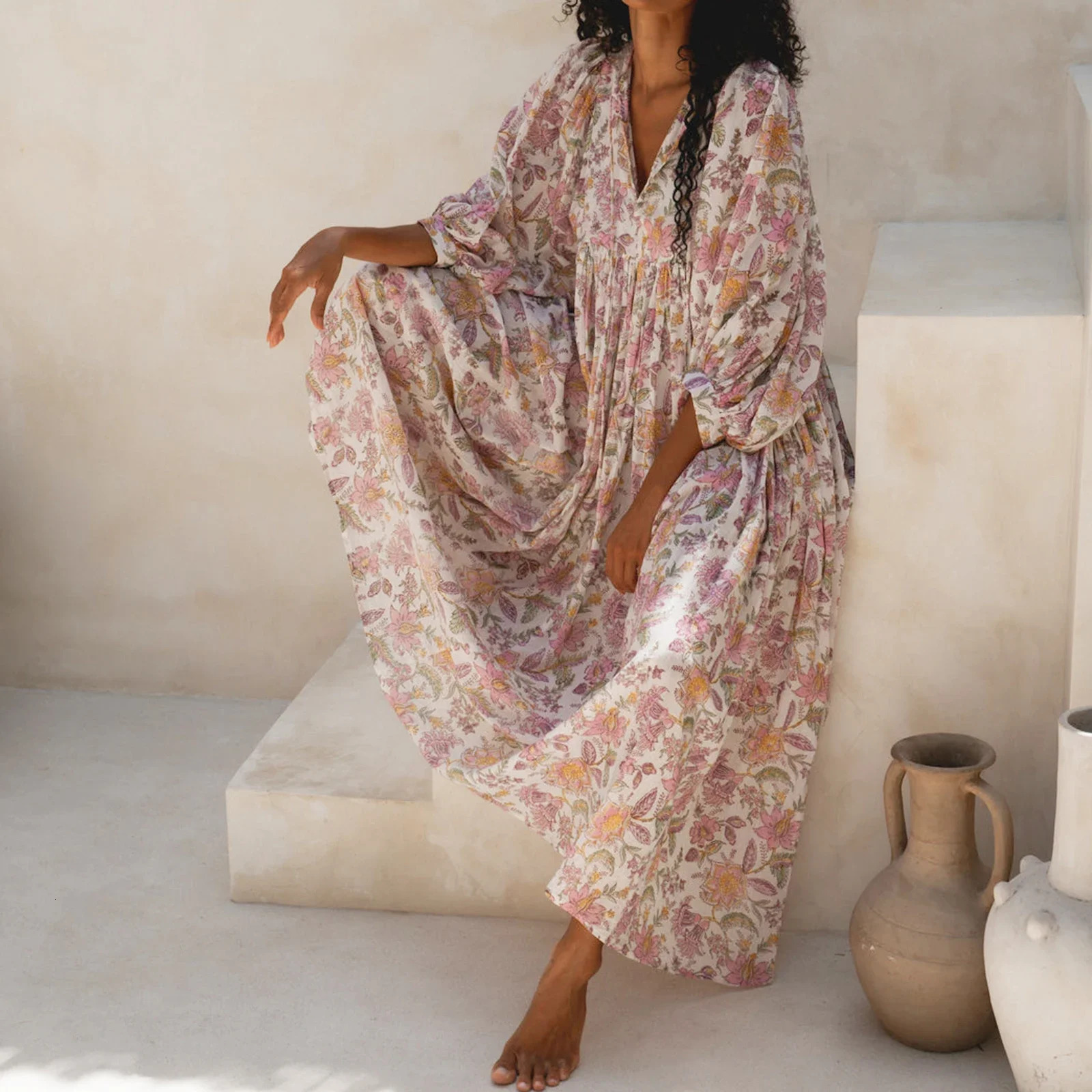 Womens floral Maxi dress Y2k Bohemian print 3/4 lantern sleeves V-neck dress Holiday beach loose swing sun dress Party club uniform 250103