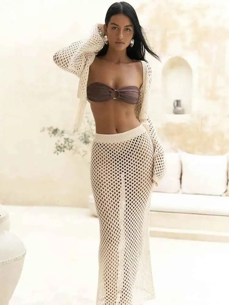 Sexy Knitted Cut Two Piece Swimsuit Cover 2025 Summer Womens Bell Sleeve Waist Strap Top Long Sleeve Set Club Beach Dress K41 250103