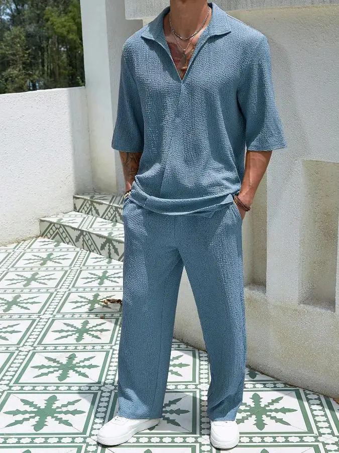 Summer Mens Set Half Sleeved Shirt and Long Pants Two-piece Turn-down V-neck Casual Streetwear Holiday Loose Suit s 250103
