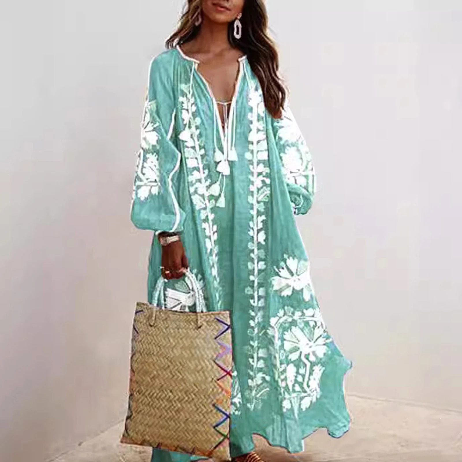 Vestido Spring/Summer Womens Bohemian Dress Fashionable Elegant and Sexy V-neck Retro Digital Printed Tassel Puff Sleeve Medium length Dress 250103