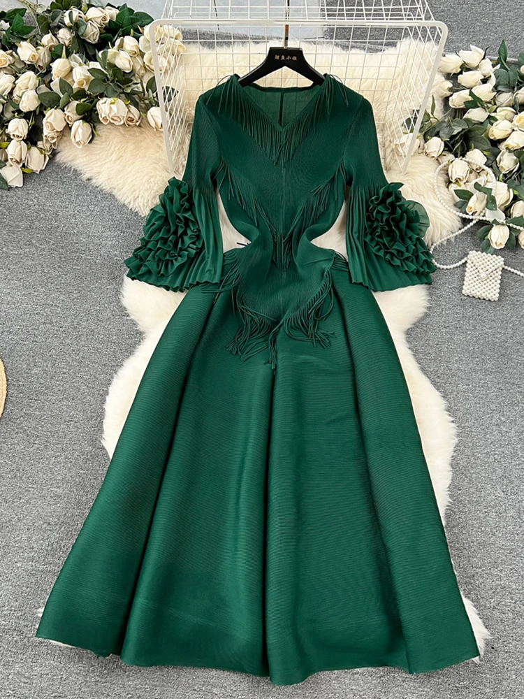 XFPV Women Tassel High Waist Mid Length A-line Dresses V-Neck Flare Sleeve Draped Slim Fit Vestidos Spring Summer 2025 SM10768 250103