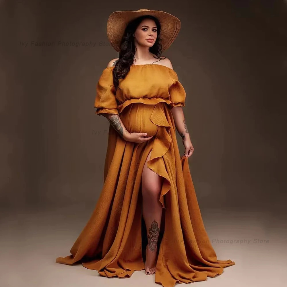 Bohemian Po Shooting Pregnancy Dress Ruffle Edge Off Shoulder Short Sleeve Linen Cotton Dress Boho Style Baby Shower Dress 250103