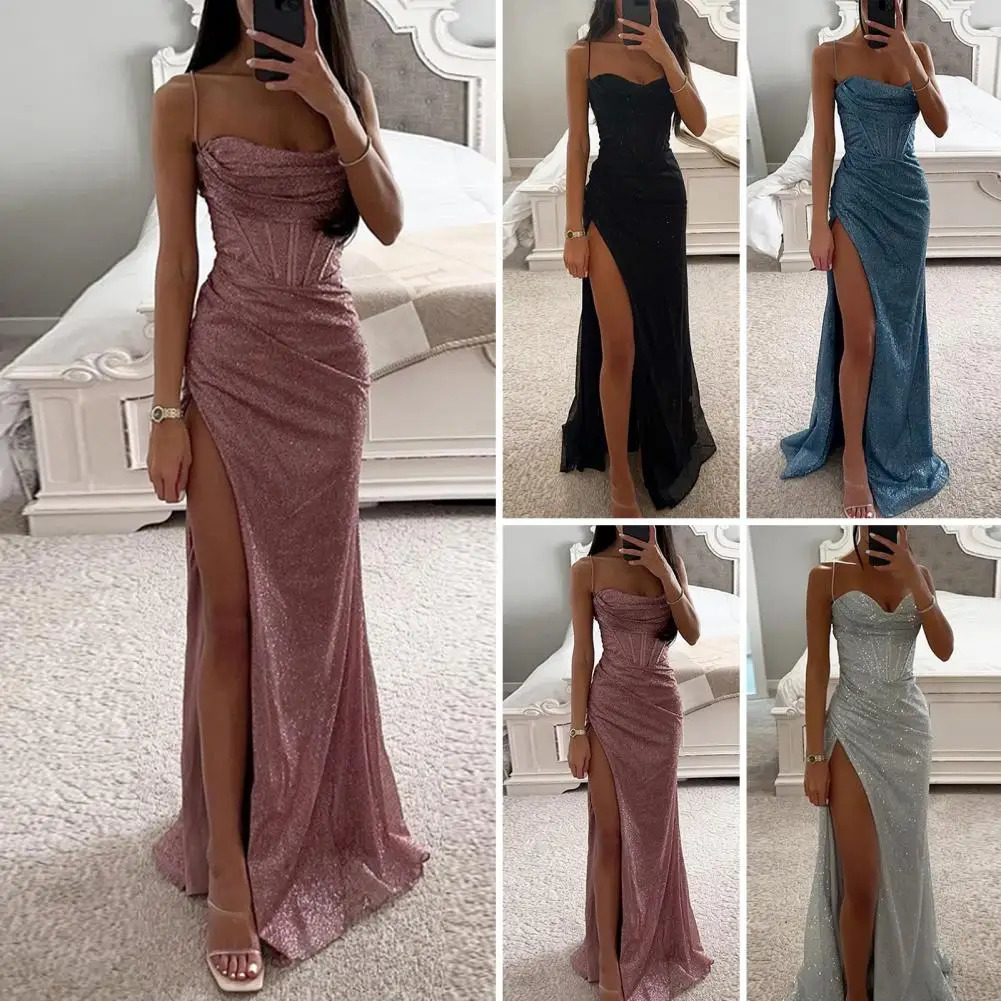 Versatile Party Dress Elegant Sequin Spaghetti Strap Evening with Off Shoulder High Split for Womens Prom Floor Length 250103