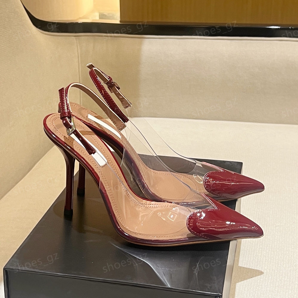 Top quality Pointed toes heels fashion Stiletto heel 10cm 5.5cm party shoes PVC Slip On Burgundy pumps women's Luxury Designers Slingbacks shoes US4-11 with box