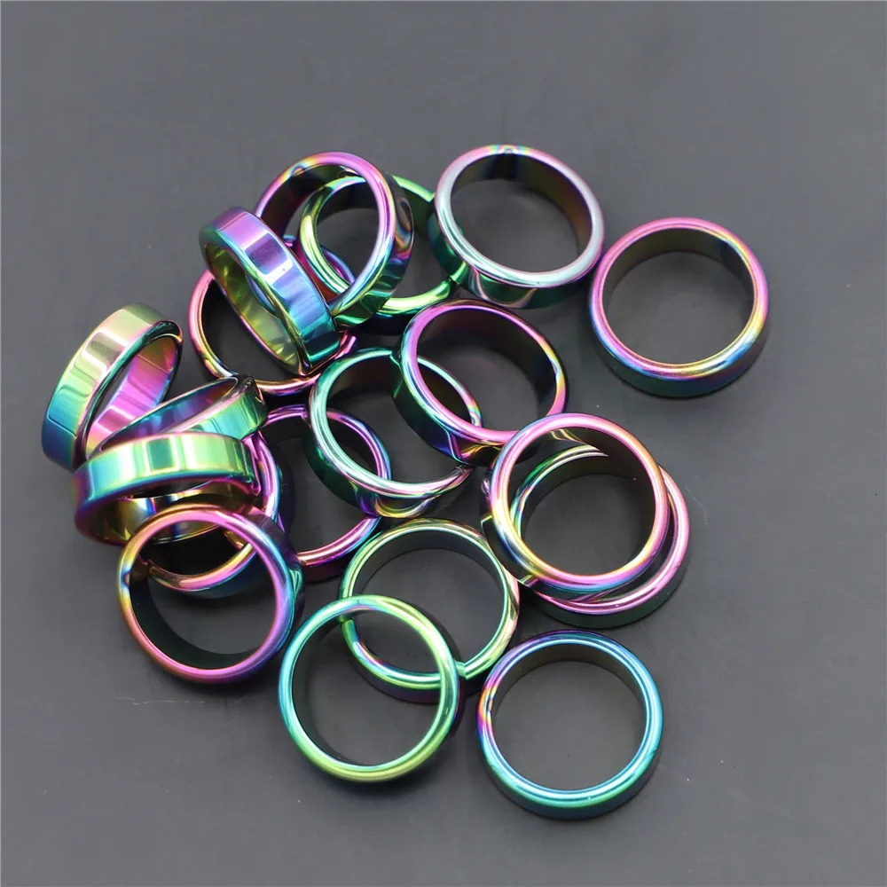 10pcs/ Lot 6mm Unisex Hematite Rings Colorful Gallstone Couple Rainbow Non-magnetic Relieve Anxiety Jewelry Gift Size 16-23 250103