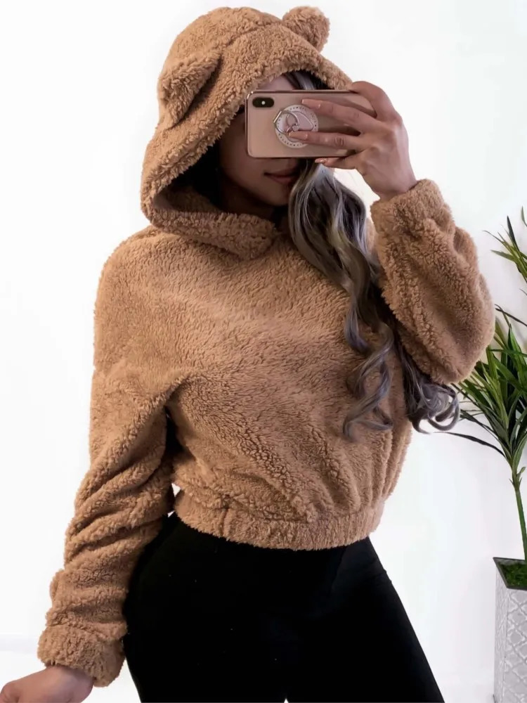 Autumn Winter Longsleeved Bear Ears Hat Solid Color Plush Sweatshirt Women Fashion Loose Short Casual Style Pullover Female 250103