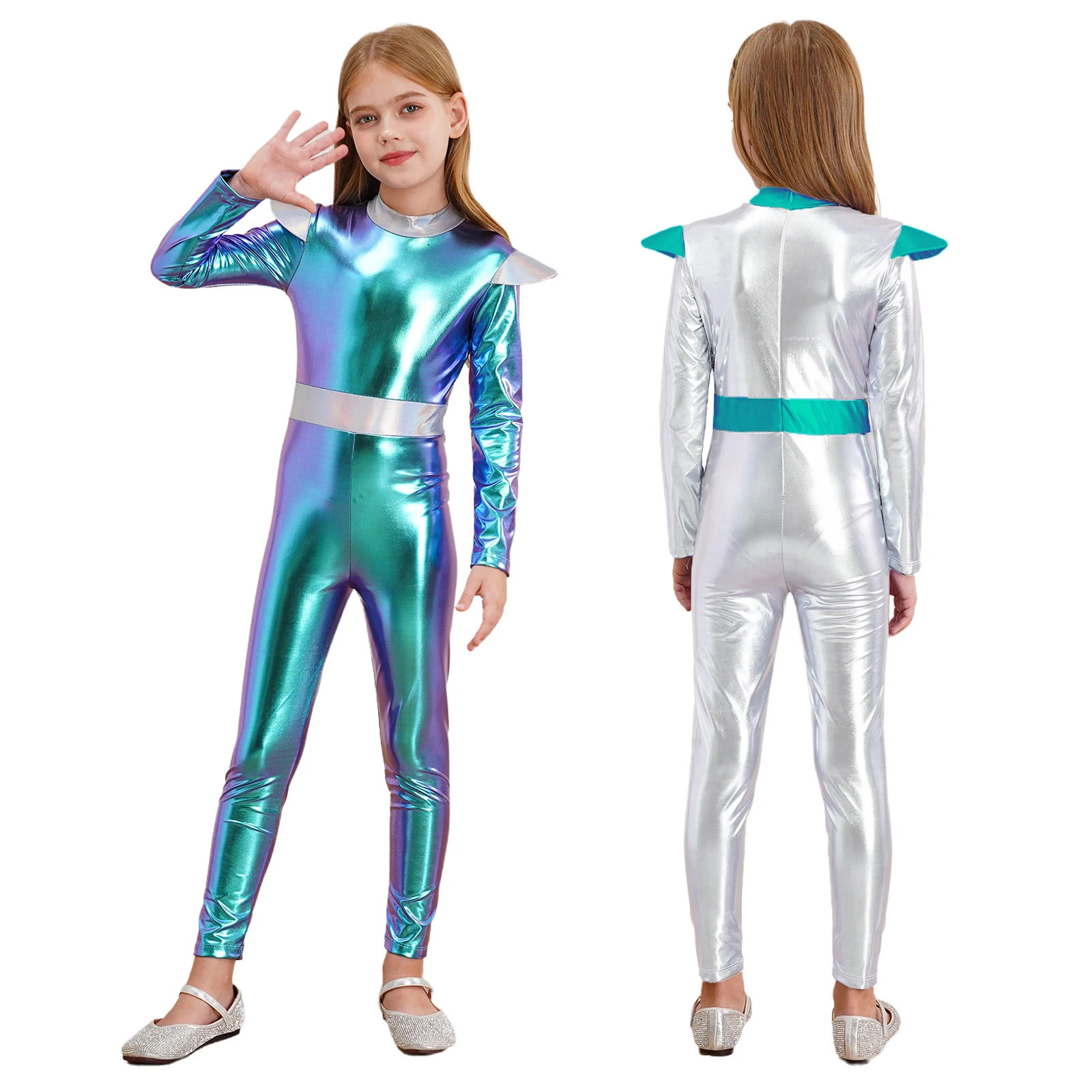 Kids Girls Halloween Alien Robot Cosplay Costume Space Astronaut Themed Fancy Party Dress Up Long Sleeve Shiny Metallic Jumpsuit 241230z