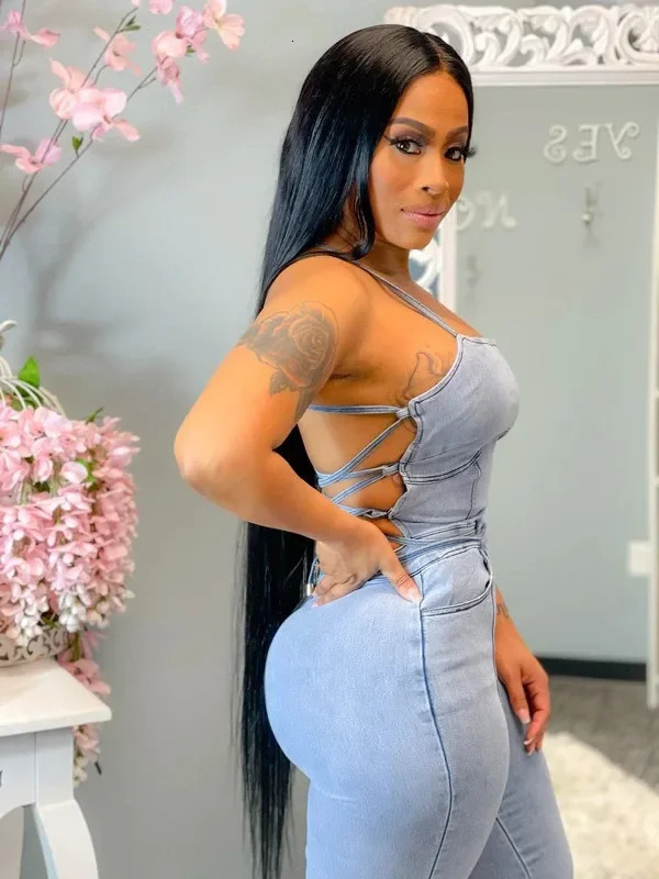 Womens Stylish Solid Color Denim Romper Casual Slim-fit and Backless Bandage Denim Romper Hang Neck Sleeveless Jumpsuit 241230