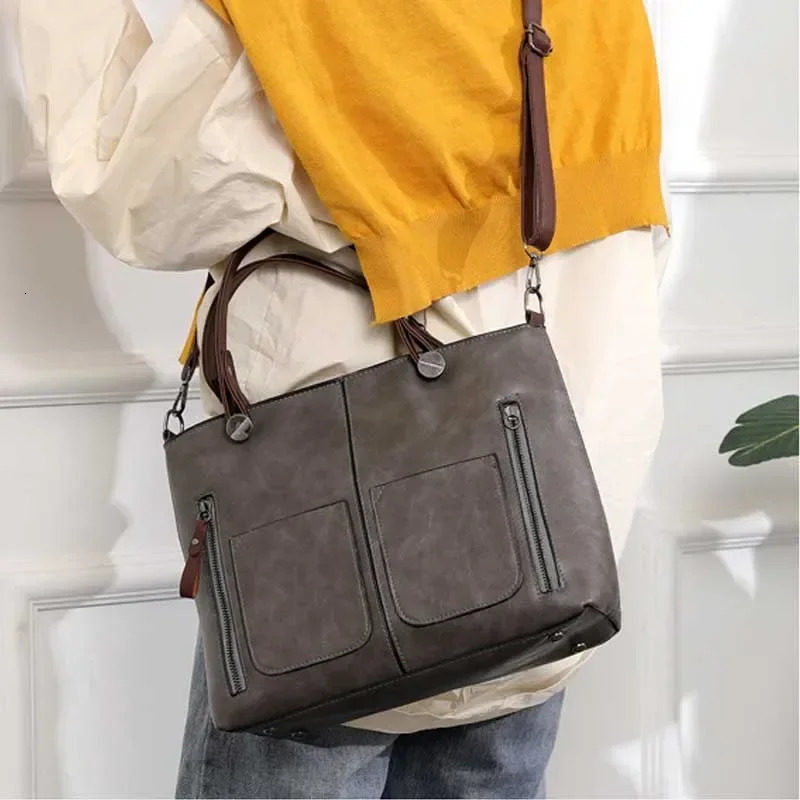 Large Capacity Shoulder Bag Vintage PU Leather Multi-Pocket Tote Bag Adjustable Shoulder Strap Crossbody Bag Women handbags 241231