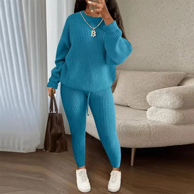 Winter two-piece womens clothing autumn fashion casual solid round neck zipper loose pit knitted sweater set 241230