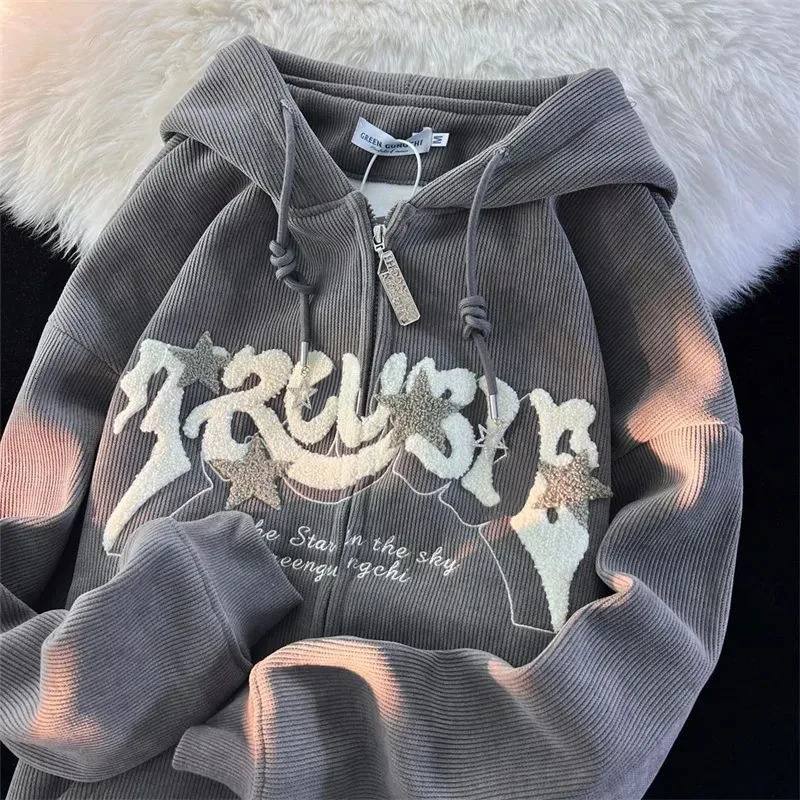Fashion y Zip Up Hoodies Women Autumn Long Sleeve Tops Loose Hood Shirt Harajuku Y2K Clothes Female Sweatshirt Jacket 250103