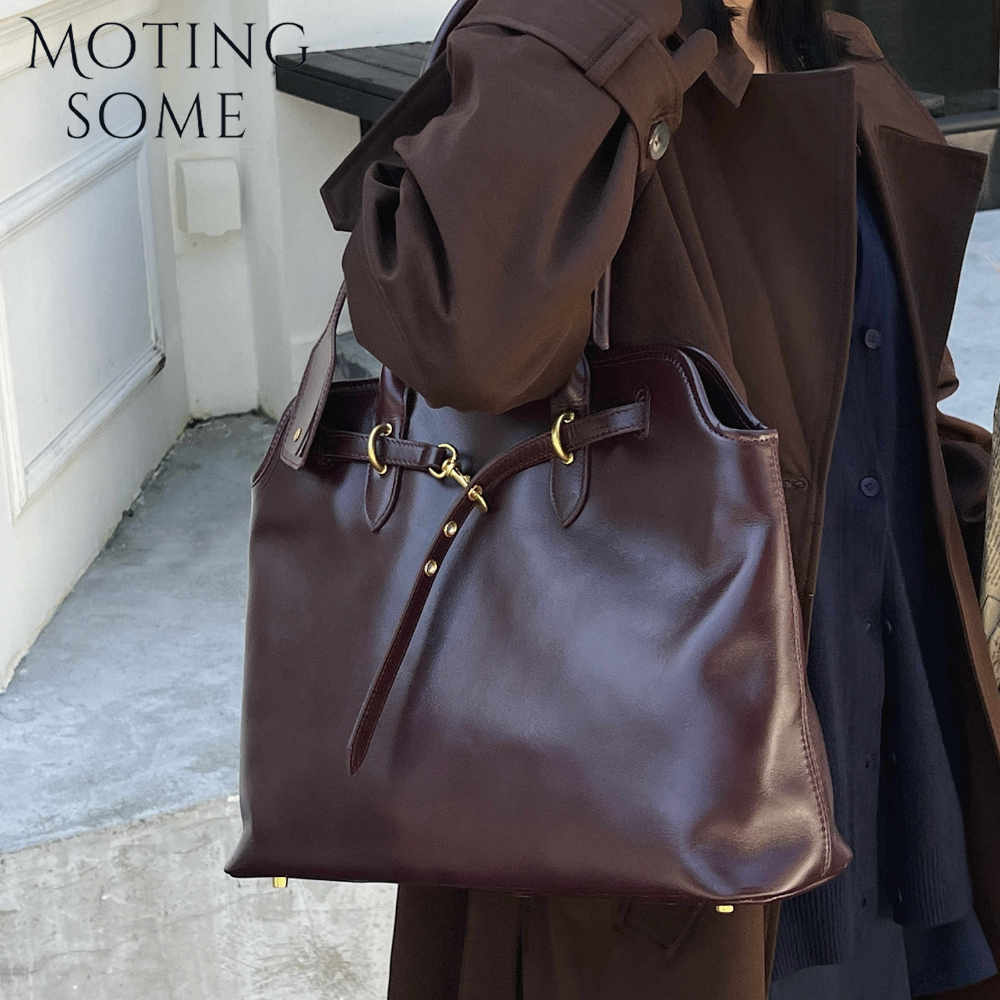 Motingsome Natural Cowhide Skin Roomy Women Shoulder Designer Bag Fashion French Style Chic Lady Casual Tote