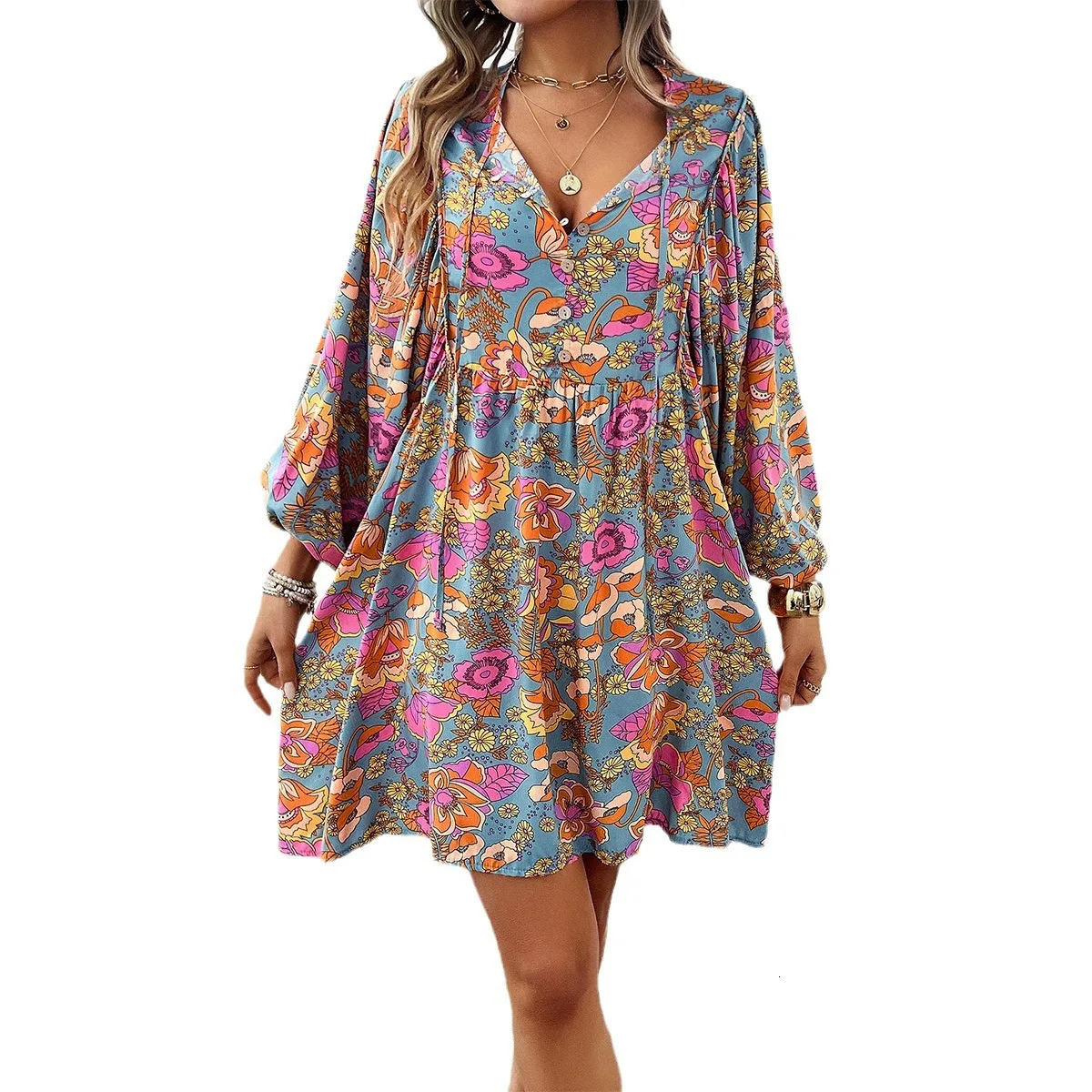 Womens dress Spring and Autumn womens casual holiday print V-neck long sleeved dress womens casual loose dress womens dress 250103