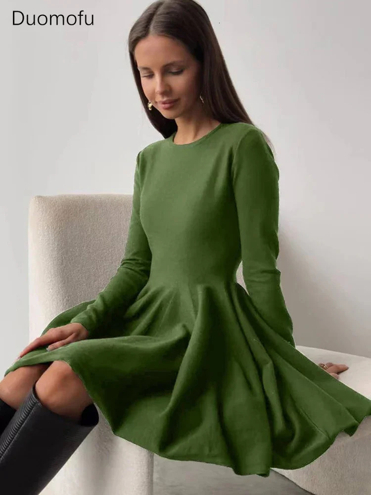 Duomofu Knit Mini Dresses Women Autumn Winter Long Sleeve Sweater Dress Female Elegant Fashion Slim A Line Pleated Dress Vestido 250102