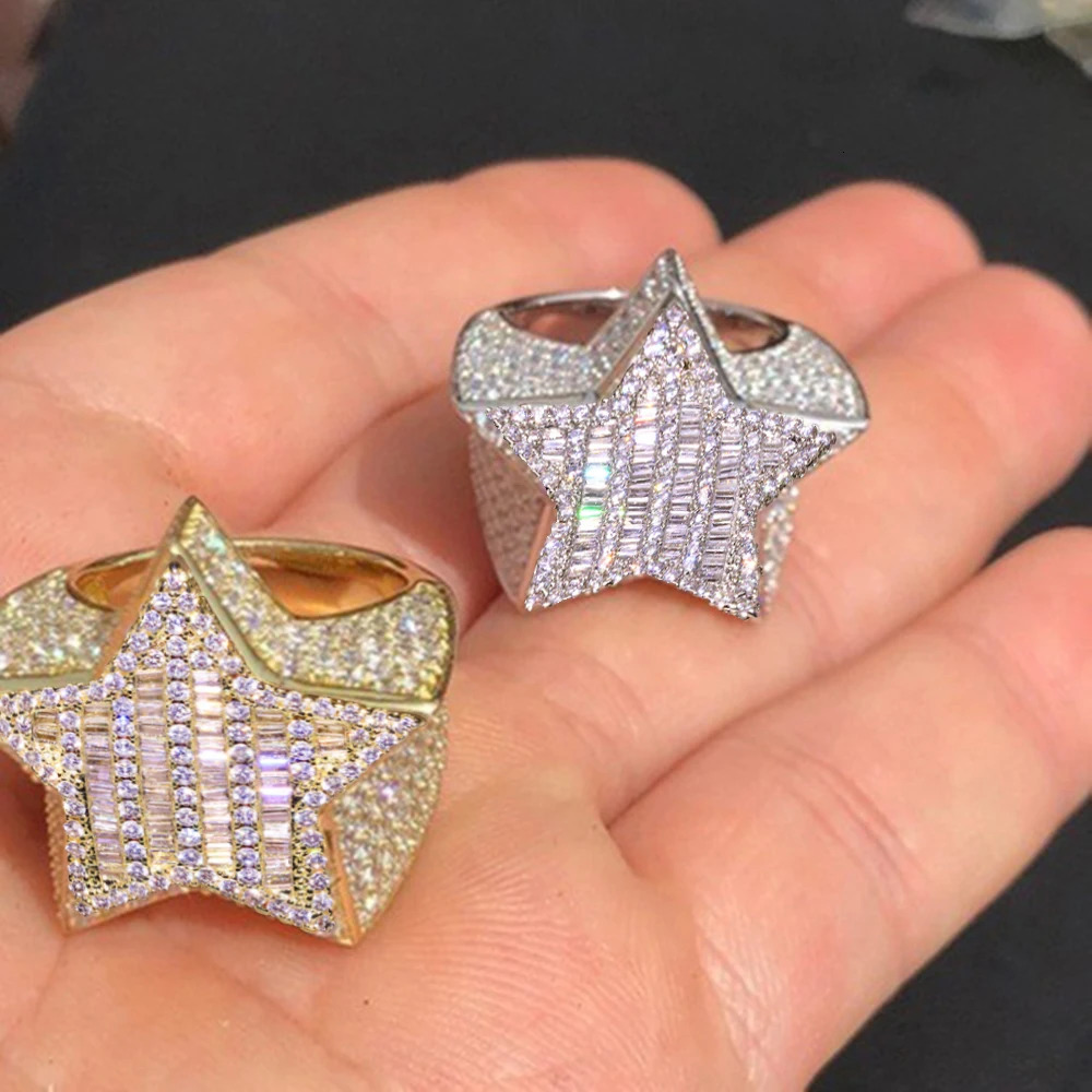 AZ Five-Star Iced Out Rings Mens Gold Silver Color Bling Cubic Zirconia Jewelry Ring Gifts Couple Wedding Rings Women Jewelry 250103