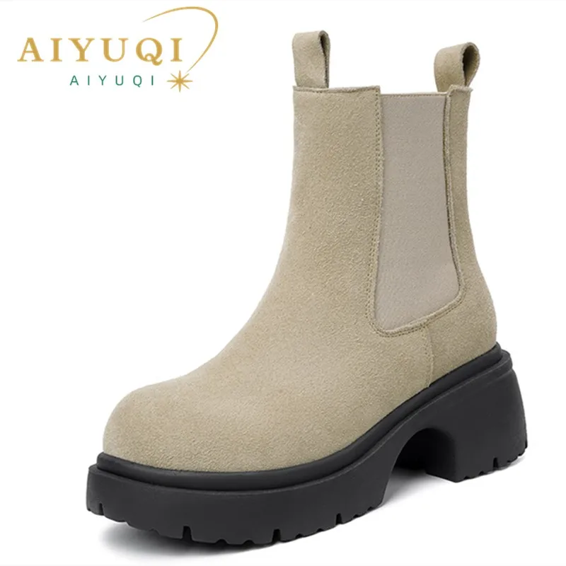 AIYUQI Women's Chelsea Boots Genuine Leather Natural Wool Snow Boots Women's High Heel Women's Ankle Boots