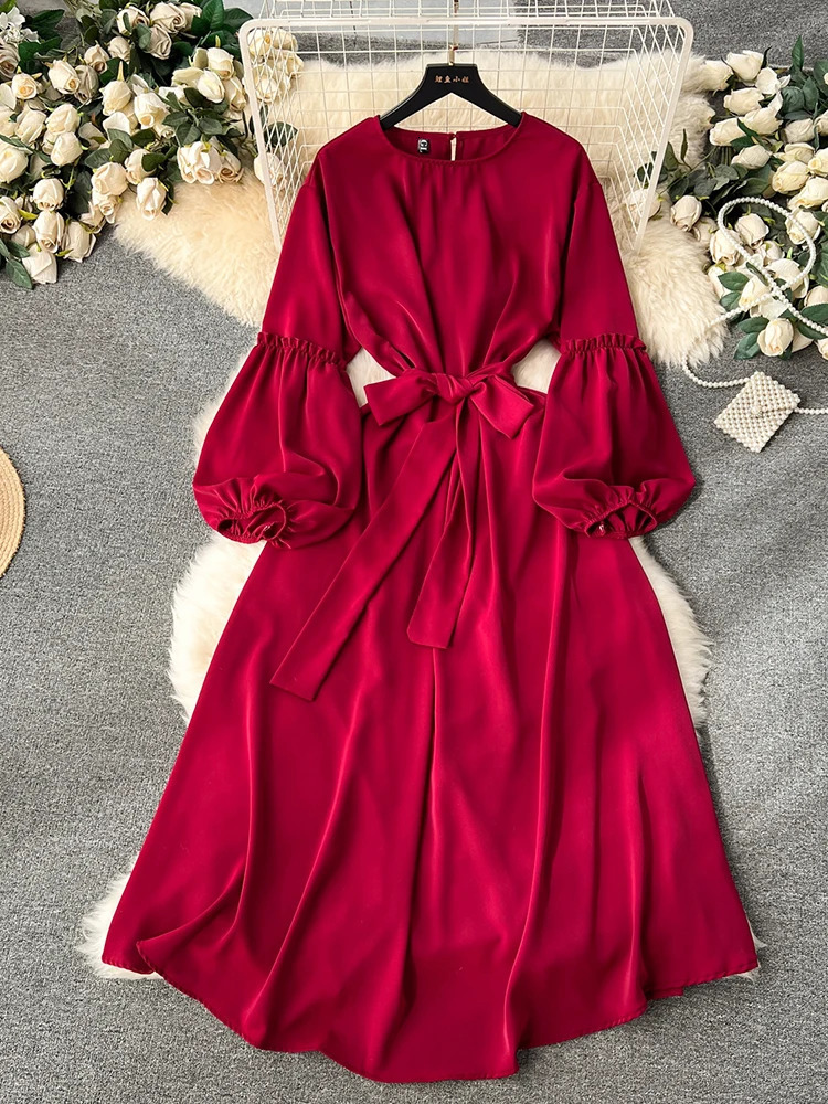 XFPV Women Vintage Sweet Mid Length High Waist A-line Dresses O-Neck Puff Sleeve Lace-up Vestidos Spring Summer 2025 SM10101 250103