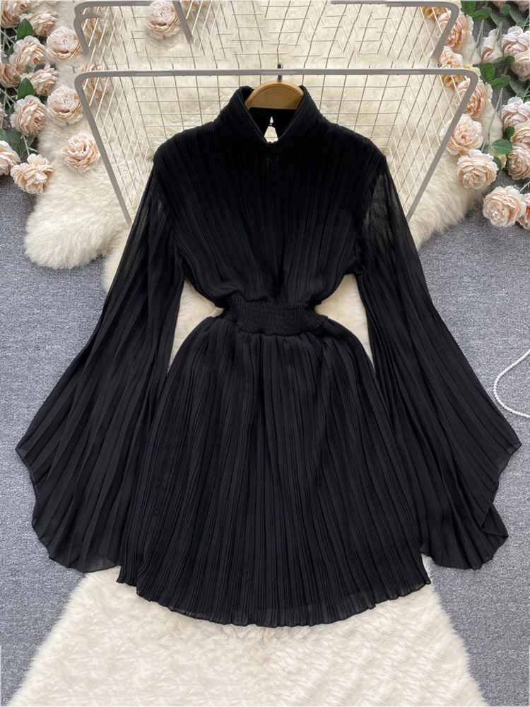 XFPV Elegant Solid Collar Folding Waist Closed Dress for Womens Casual Folded Vestido Womens 2025 Summer Trendy Fashion SM6137 250103