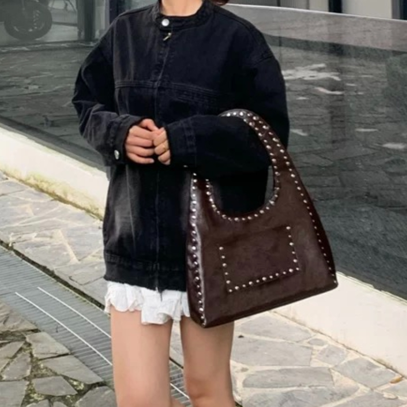 Retro Rivet Decor Shoulder Bags Women Y2k Vintage Punk Handbag Female Cool Girls Underarm Crossbody Ladies Armpit Bag
