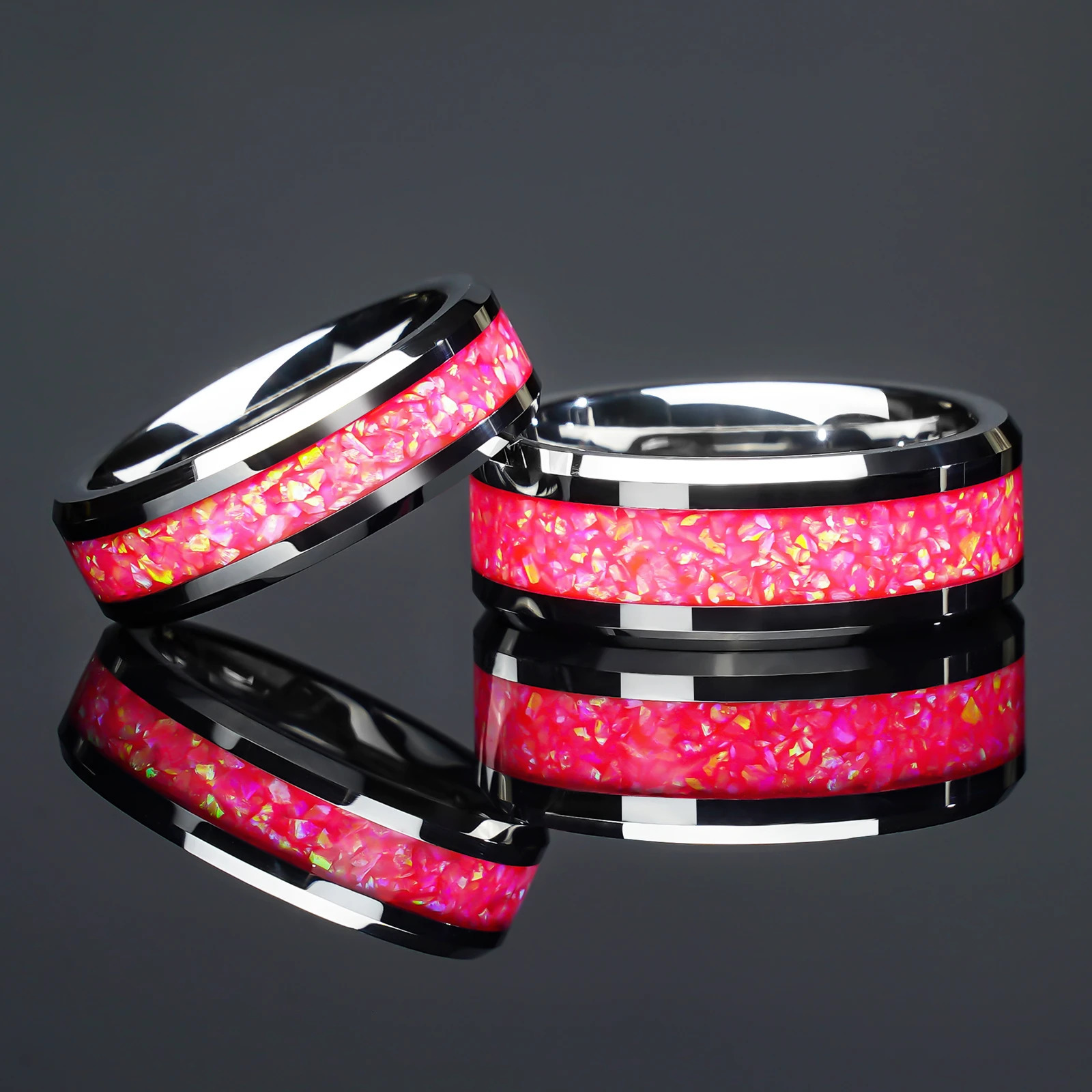 6/8mm Pink Opal Silver Tungsten Couple Ring For Him And Her 250103
