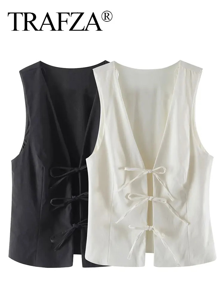 TRAFZA Womens Fashion Lace Vest V-neck Sleeveless Top Y2K Retro Solid Womens Summer Sexy Party Vest 250103