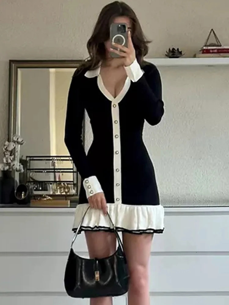 Tossy Ruffled Bow Knit Mini Dress Womens Summer Backless Contrast Cardigan Lace-Up Elegant Dress Female Knitwear Bandage Dress 250102