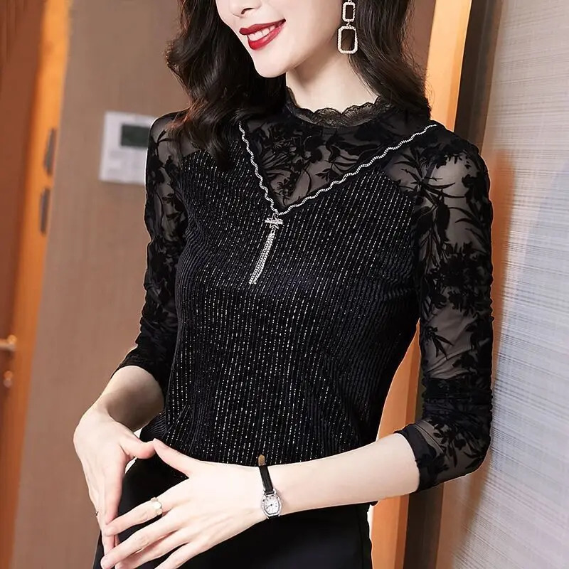 Womens shirt lace autumn/winter long sleeved womens shirt black Blusas Mujer De Moda 241231