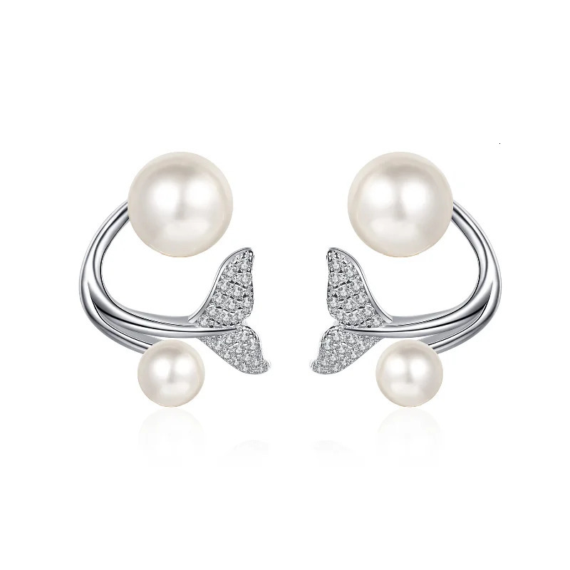 S925 Sterling Silver Women Earrings Mermaid Tail Two Wearing Earrings 8mm Pearl Classic Style 250103