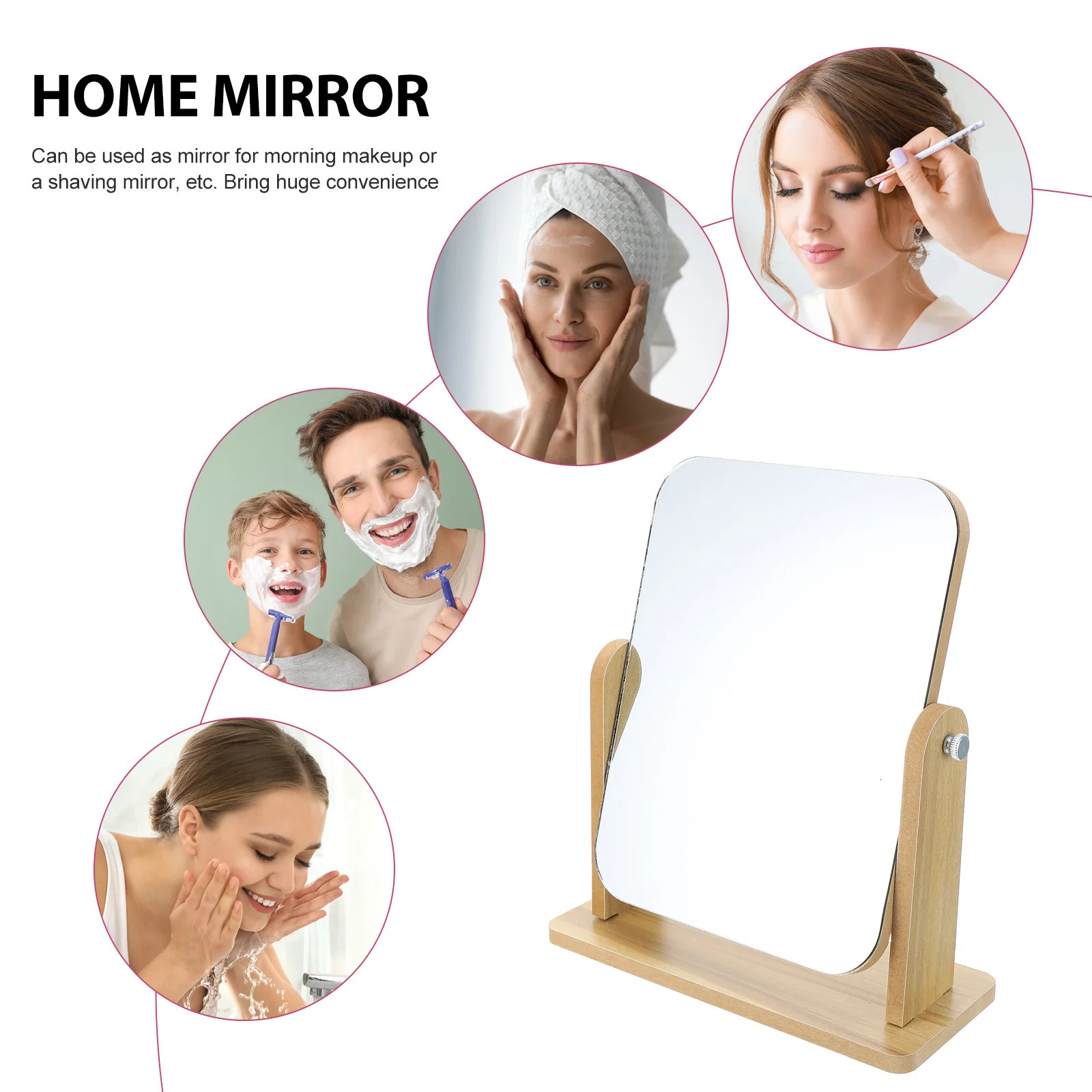 Desktop Vanity Mirror Swivel Square Natural Home Makeup with Stand Glass Wood Travel Dresser 250103