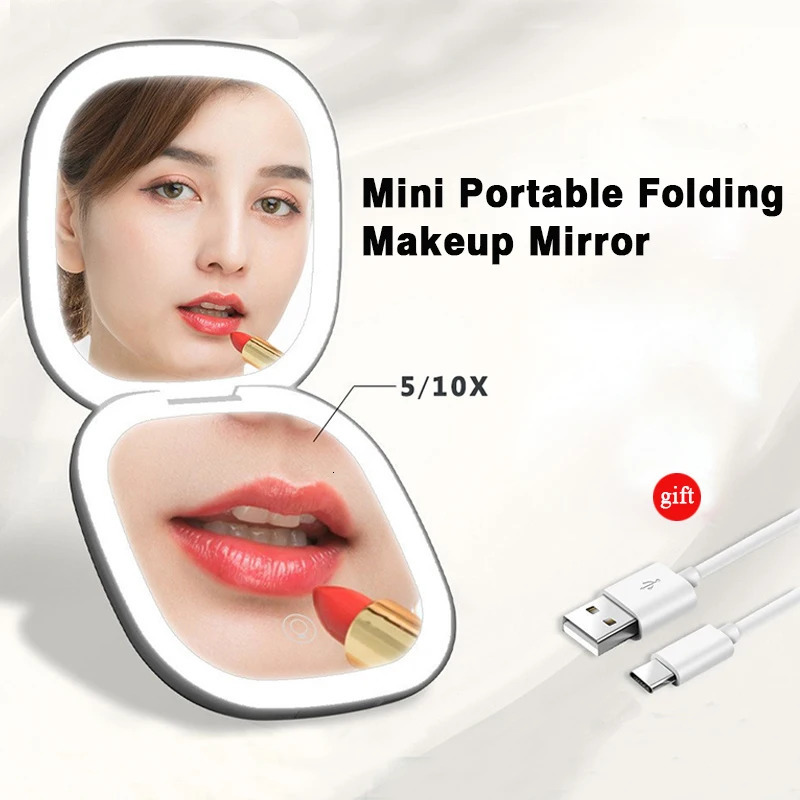 Mini Portable 5X 10X Magnifying Folding Makeup Mirror Led Lights Compact Pocket Travel Aesthetic Vanity Mirrors Make Up Tools 250103