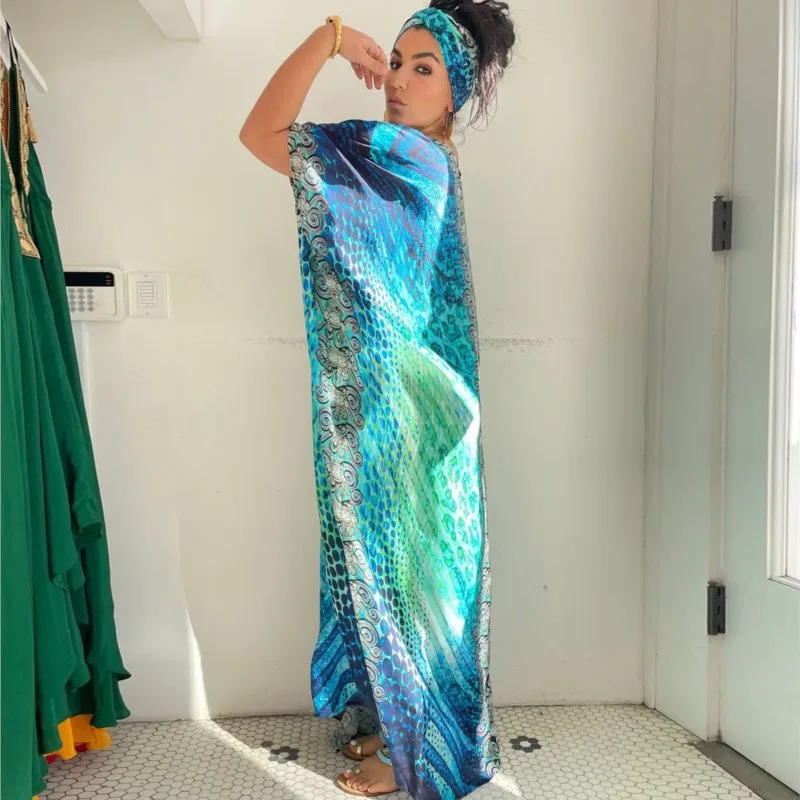 Summer Bikini Womens Long Attic Printed Swimsuit Cover Casual Beach Maxi Dress Abaya Beach Dress Bohemian Dress 250103