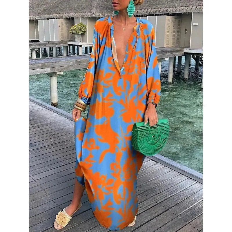 Womens Deep V-neck Dress Summer Retro Elegant Long Sleeve Bohemian Printed Long Dress Womens Sexy Beach Party Loose Long Dress 250103